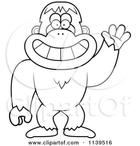 Cartoon Clipart Of A Black And White Friendly Waving Bigfoot Sasquatch - Vector Outlined Coloring Page by Cory Thoman