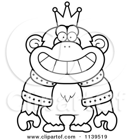 Cartoon Clipart Of A Black And White King Chimp Wearing A Crown And Robe - Vector Outlined Coloring Page by Cory Thoman
