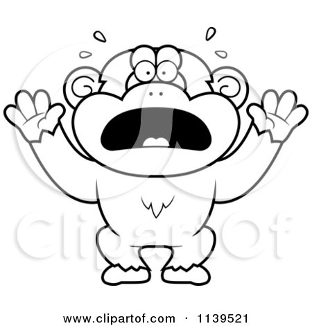 Cartoon Clipart Of A Black And White Frightened Chimp Monkey - Vector Outlined Coloring Page by Cory Thoman