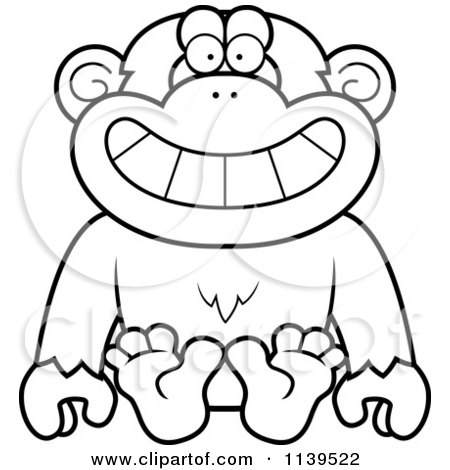 Cartoon Clipart Of A Black And White Sitting Chimp Monkey - Vector Outlined Coloring Page by Cory Thoman