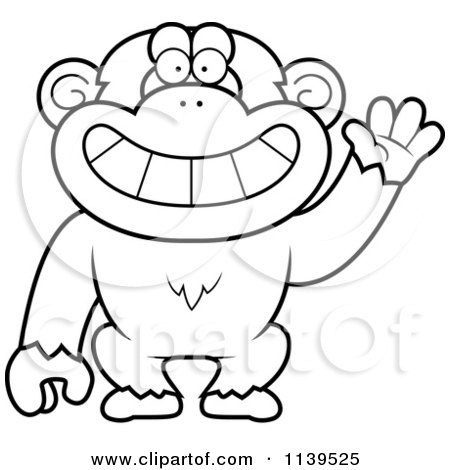 Cartoon Clipart Of A Black And White Friendly Waving Chimp Monkey - Vector Outlined Coloring Page by Cory Thoman