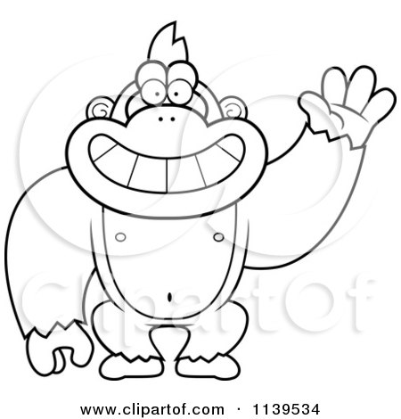 Cartoon Clipart Of A Black And White Friendly Waving Gorilla Monkey - Vector Outlined Coloring Page by Cory Thoman