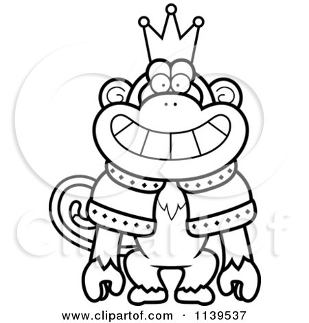 Cartoon Clipart Of A Black And White King Monkey Wearing A Crown And Robe - Vector Outlined Coloring Page by Cory Thoman