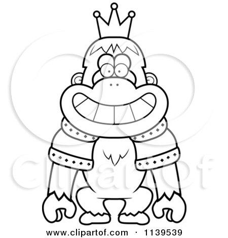 Cartoon Clipart Of A Black And White King Orangutan Wearing A Crown And Robe - Vector Outlined Coloring Page by Cory Thoman
