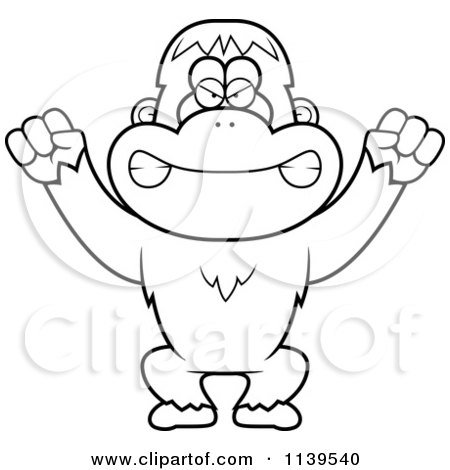 Cartoon Clipart Of A Black And White Mad Orangutan Monkey - Vector Outlined Coloring Page by Cory Thoman