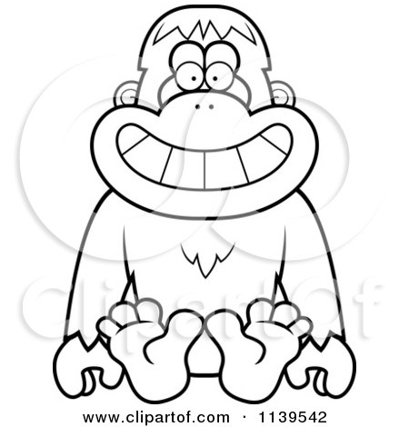 Cartoon Clipart Of A Black And White Sitting Orangutan Monkey - Vector Outlined Coloring Page by Cory Thoman