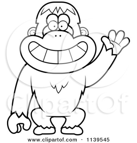 Cartoon Clipart Of A Black And White Friendly Waving Orangutan Monkey - Vector Outlined Coloring Page by Cory Thoman