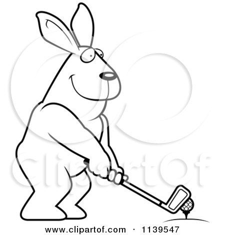 Cartoon Clipart Of A Black And White Golfing Rabbit Holding The Club Against The Ball On The Tee - Vector Outlined Coloring Page by Cory Thoman