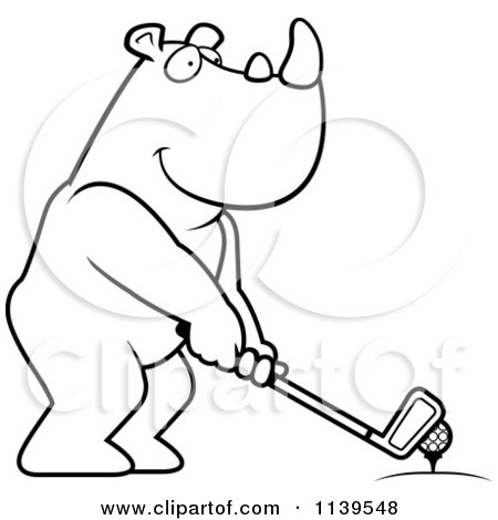 Cartoon Clipart Of A Black And White Golfing Rhino Holding The Club Against The Ball On The Tee - Vector Outlined Coloring Page by Cory Thoman
