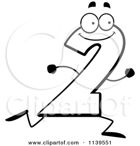Cartoon Clipart Of A Black And White Running Number Two - Vector Outlined Coloring Page by Cory Thoman