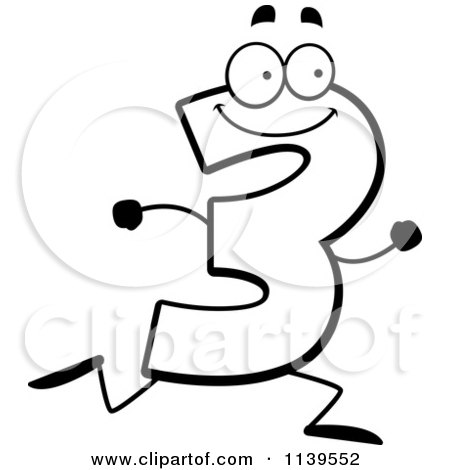 Cartoon Clipart Of A Black And White Running Number Three - Vector Outlined Coloring Page by Cory Thoman