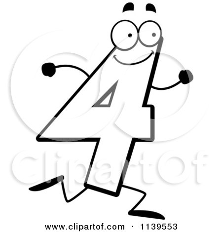 Cartoon Clipart Of A Black And White Running Number Four - Vector Outlined Coloring Page by Cory Thoman