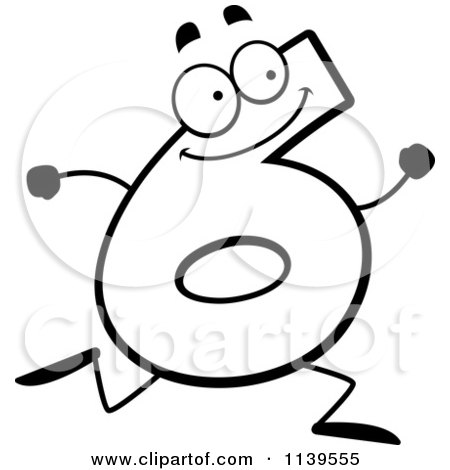 Cartoon Clipart Of A Black And White Running Number Six - Vector Outlined Coloring Page by Cory Thoman