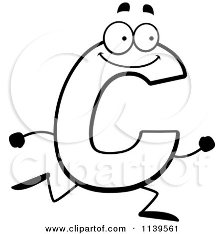 Cartoon Clipart Of A Black And White Running Letter C - Vector Outlined Coloring Page by Cory Thoman