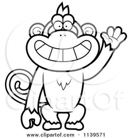 Cartoon Clipart Of A Black And White Friendly Waving Monkey - Vector Outlined Coloring Page by Cory Thoman