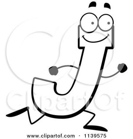 Cartoon Clipart Of A Black And White Running Letter J - Vector Outlined Coloring Page by Cory Thoman