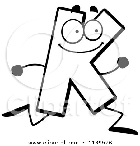 Cartoon Clipart Of A Black And White Running Letter K - Vector Outlined Coloring Page by Cory Thoman