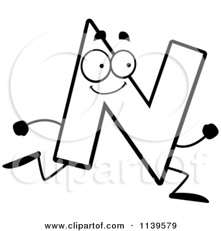 Cartoon Clipart Of A Black And White Running Letter N - Vector Outlined Coloring Page by Cory Thoman