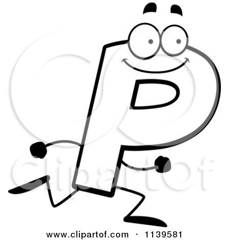 Cartoon Clipart Of A Black And White Running Letter P - Vector Outlined Coloring Page by Cory Thoman