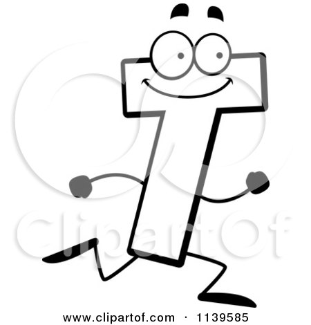 Cartoon Clipart Of A Black And White Running Letter T - Vector Outlined Coloring Page by Cory Thoman