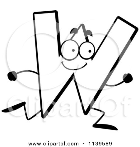 Cartoon Clipart Of A Black And White Running Letter W - Vector Outlined Coloring Page by Cory Thoman