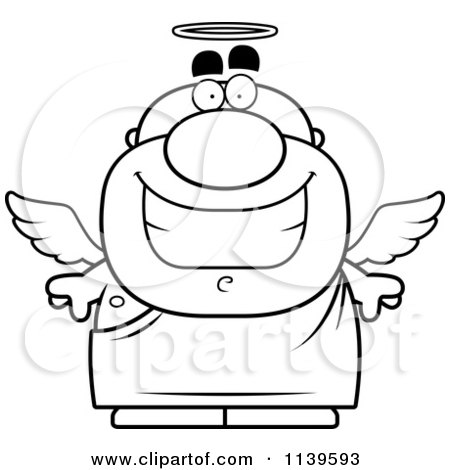 Cartoon Clipart Of A Black And White Happy Angel Man - Vector Outlined Coloring Page by Cory Thoman