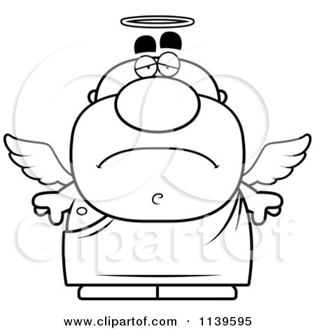 Cartoon Clipart Of A Black And White Sad Angel Man - Vector Outlined Coloring Page by Cory Thoman