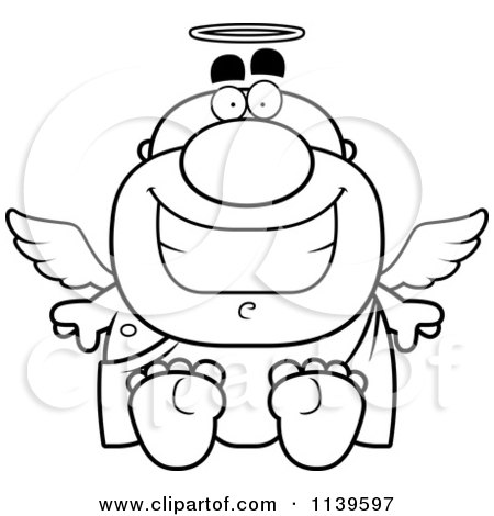 Cartoon Clipart Of A Black And White Sitting Angel Man - Vector Outlined Coloring Page by Cory Thoman