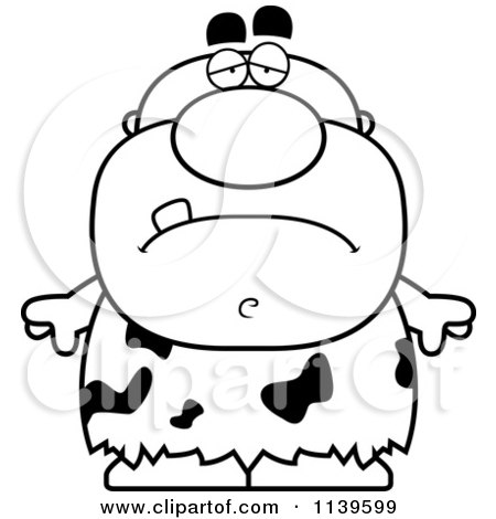 Cartoon Clipart Of A Black And White Sad Caveman - Vector Outlined Coloring Page by Cory Thoman