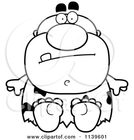 Cartoon Clipart Of A Black And White Sitting Caveman - Vector Outlined Coloring Page by Cory Thoman