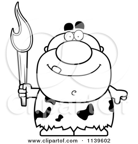 Cartoon Clipart Of A Black And White Caveman Holding A Torch - Vector Outlined Coloring Page by Cory Thoman