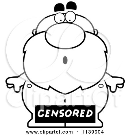 Cartoon Clipart Of A Black And White Censored Sign Over A Nude Man With A Beard - Vector Outlined Coloring Page by Cory Thoman