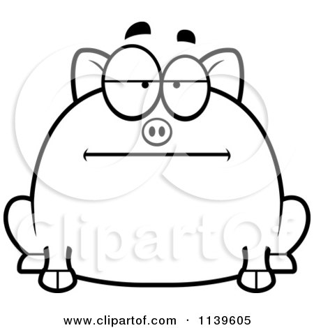 Cartoon Clipart Of A Black And White Chubby Bored Pig - Vector Outlined Coloring Page by Cory Thoman