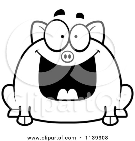 Cartoon Clipart Of A Black And White Chubby Grinning Pig - Vector Outlined Coloring Page by Cory Thoman
