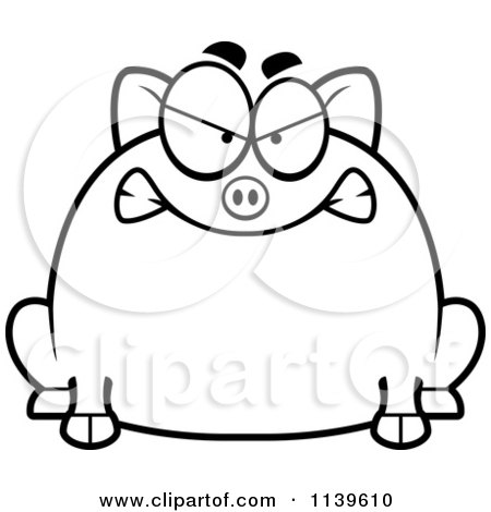 Cartoon Clipart Of A Black And White Chubby Mad Pig - Vector Outlined Coloring Page by Cory Thoman
