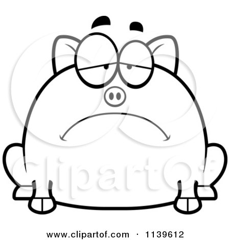 Cartoon Clipart Of A Black And White Chubby Depressed Pig - Vector Outlined Coloring Page by Cory Thoman