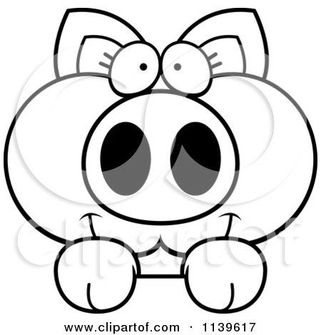Cartoon Clipart Of A Black And White Piglet Looking Over A Surface - Vector Outlined Coloring Page by Cory Thoman