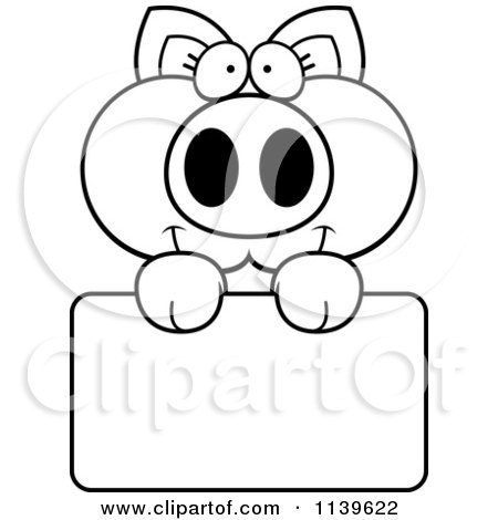 Cartoon Clipart Of A Black And White Piglet Holding A Sign - Vector Outlined Coloring Page by Cory Thoman