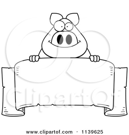 Cartoon Clipart Of A Black And White Chubby Pig Over A Banner - Vector Outlined Coloring Page by Cory Thoman
