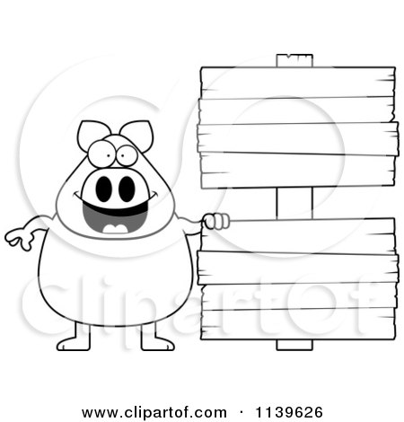 Cartoon Clipart Of A Black And White Chubby Pig With Wooden Signs - Vector Outlined Coloring Page by Cory Thoman