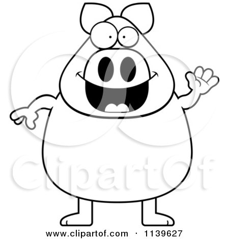 Cartoon Clipart Of A Black And White Chubby Pig Waving - Vector Outlined Coloring Page by Cory Thoman