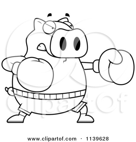 Cartoon Clipart Of A Black And White Chubby Pig Boxing - Vector Outlined Coloring Page by Cory Thoman