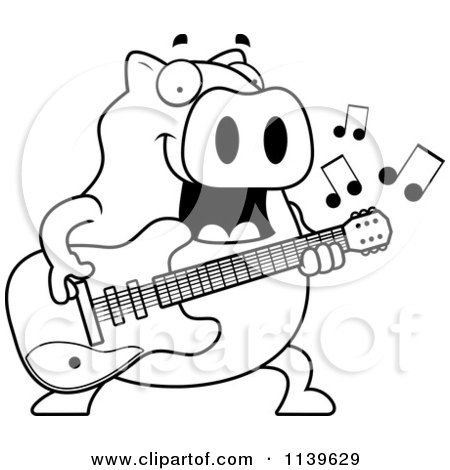 Cartoon Clipart Of A Black And White Chubby Pig Guitarist - Vector Outlined Coloring Page by Cory Thoman