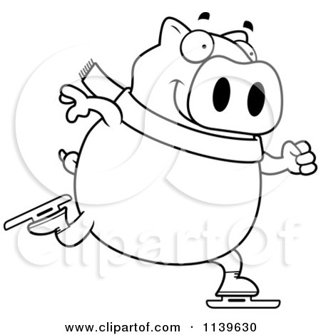 Cartoon Clipart Of A Black And White Chubby Pig Ice Skating - Vector Outlined Coloring Page by Cory Thoman