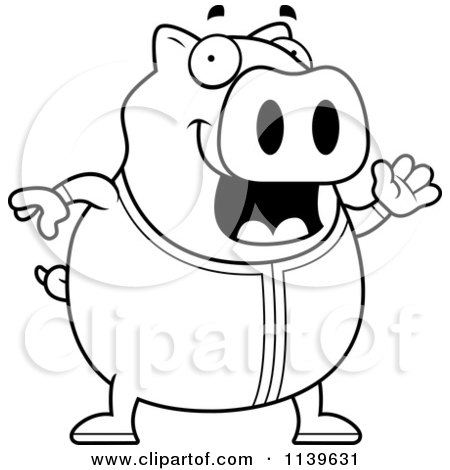 Cartoon Clipart Of A Black And White Chubby Pig Waving In Pajamas - Vector Outlined Coloring Page by Cory Thoman