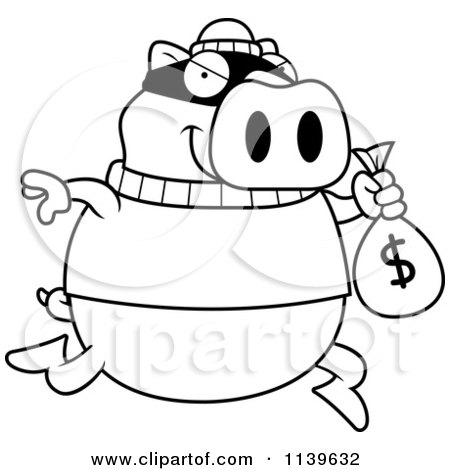 Cartoon Clipart Of A Black And White Pig Robbing A Bank - Vector Outlined Coloring Page by Cory Thoman