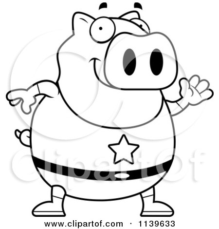 Cartoon Clipart Of A Black And White Chubby Super Pig Waving - Vector Outlined Coloring Page by Cory Thoman