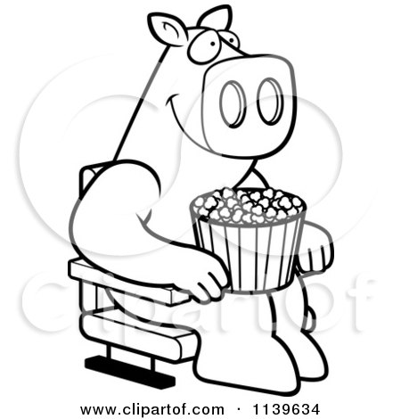 Cartoon Clipart Of A Black And White Happy Pig With Popcorn At The Movie Theater - Vector Outlined Coloring Page by Cory Thoman