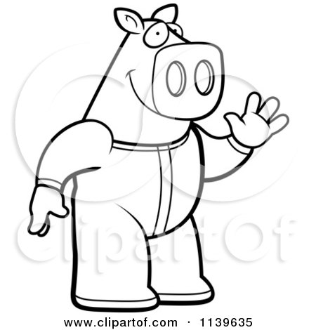 Cartoon Clipart Of A Black And White Waving Pig In Footie Pajamas - Vector Outlined Coloring Page by Cory Thoman