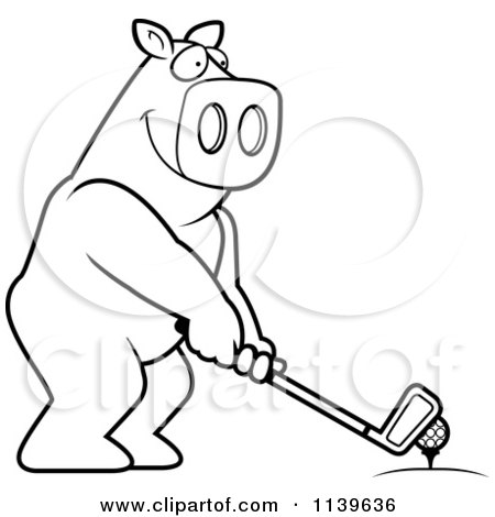 Cartoon Clipart Of A Black And White Golfing Pig Holding The Club Against The Ball On The Tee - Vector Outlined Coloring Page by Cory Thoman